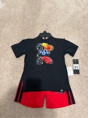 adidas Black Tee with Red Shorts Kids Athletic Set